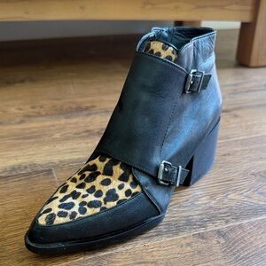 Sam Edelman Black Leather Ankle Boot with Leopard Accent